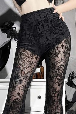 Y2K Gothic Sheer Mesh Bell Bottoms - 90s Grunge, Retro, and Pastel Goth Summer Fashion