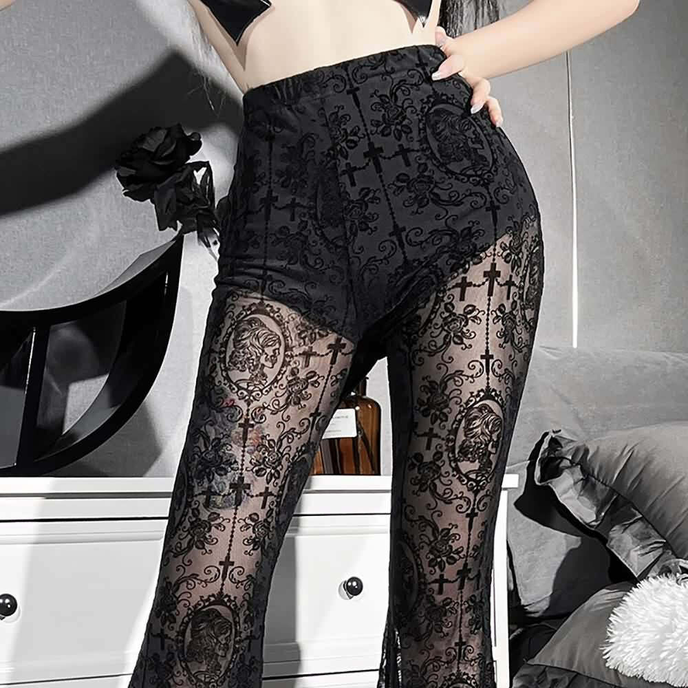 Y2K Gothic Sheer Mesh Bell Bottoms - 90s Grunge, Retro, and Pastel Goth Summer Fashion