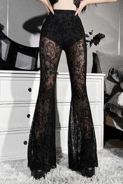 Y2K Gothic Sheer Mesh Bell Bottoms - 90s Grunge, Retro, and Pastel Goth Summer Fashion