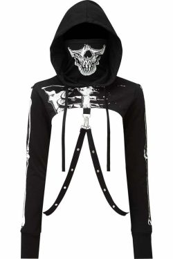 Y2K Gothic Skeleton Crop Hoodie - 90s Grunge, Retro, Pastel Goth, Y2K Summer & Party Outfits