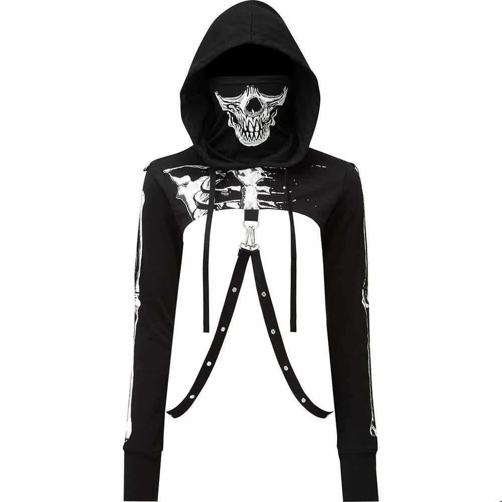 Y2K Gothic Skeleton Crop Hoodie - 90s Grunge, Retro, Pastel Goth, Y2K Summer & Party Outfits