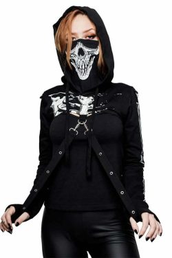 Y2K Gothic Skeleton Crop Hoodie - 90s Grunge, Retro, Pastel Goth, Y2K Summer & Party Outfits