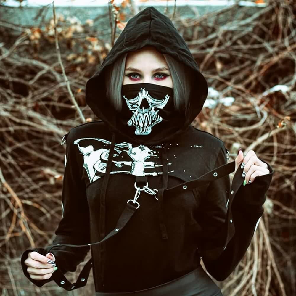 Y2K Gothic Skeleton Crop Hoodie - 90s Grunge, Retro, Pastel Goth, Y2K Summer & Party Outfits