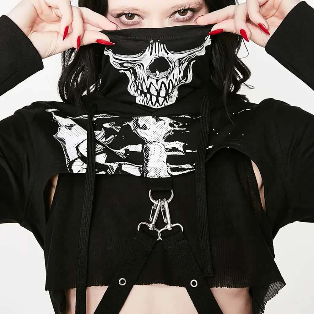 Y2K Gothic Skeleton Crop Hoodie - 90s Grunge, Retro, Pastel Goth, Y2K Summer & Party Outfits
