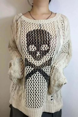 Y2K Gothic Skull & Crossbones Knit Sweater - Retro 90s Grunge Fashion, Pastel Goth Style