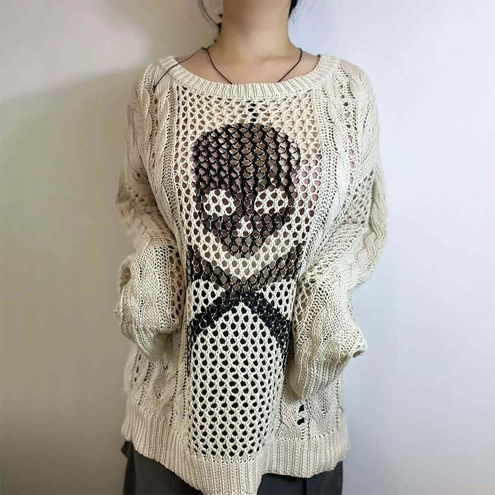 Y2K Gothic Skull & Crossbones Knit Sweater - Retro 90s Grunge Fashion, Pastel Goth Style