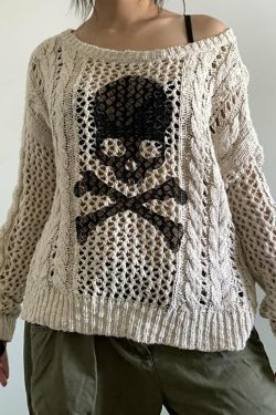 Y2K Gothic Skull & Crossbones Knit Sweater - Retro 90s Grunge Fashion, Pastel Goth Style