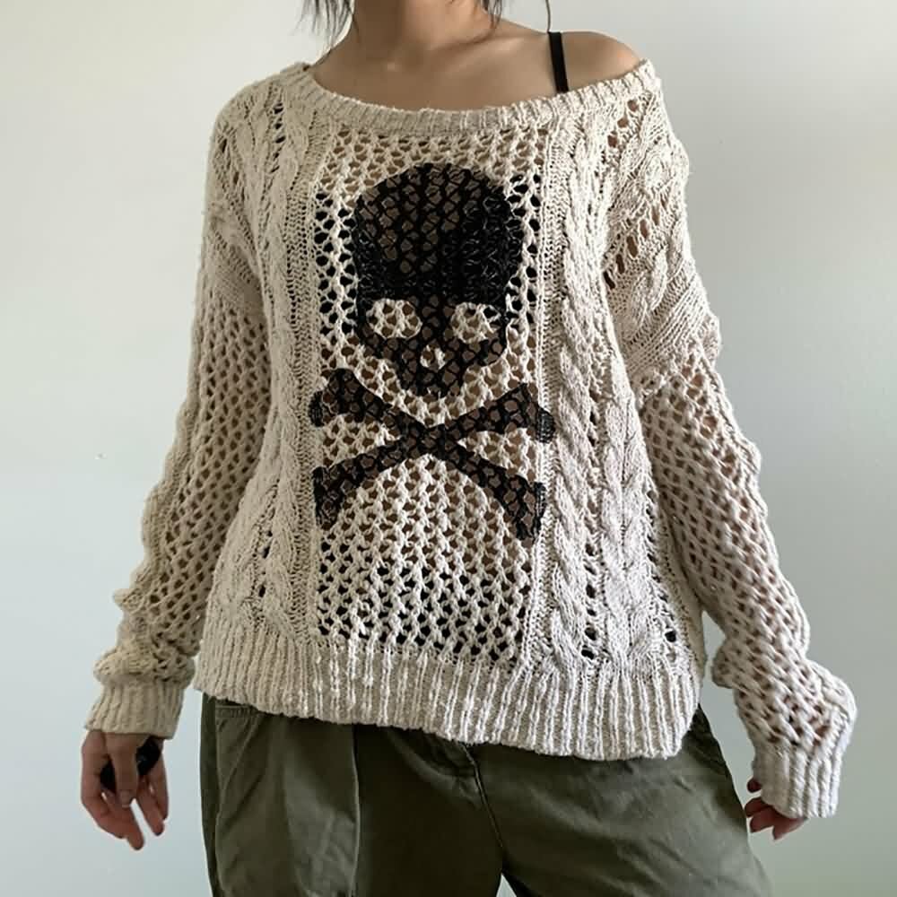 Y2K Gothic Skull & Crossbones Knit Sweater - Retro 90s Grunge Fashion, Pastel Goth Style