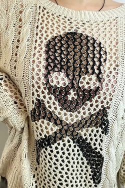 Y2K Gothic Skull & Crossbones Knit Sweater - Retro 90s Grunge Fashion, Pastel Goth Style