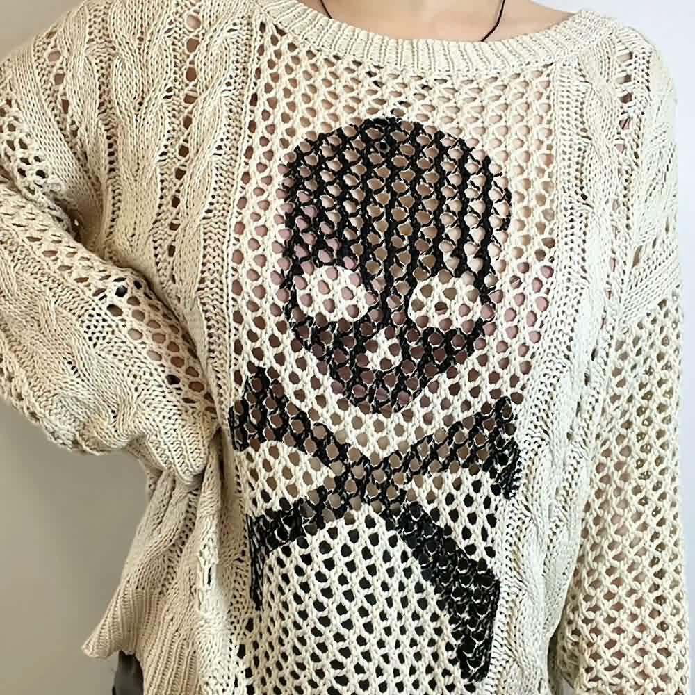 Y2K Gothic Skull & Crossbones Knit Sweater - Retro 90s Grunge Fashion, Pastel Goth Style