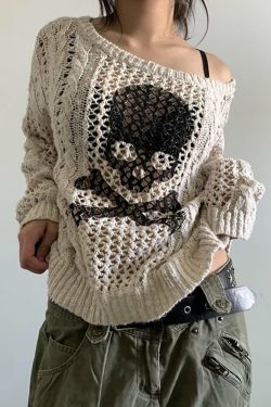 Y2K Gothic Skull & Crossbones Knit Sweater - Retro 90s Grunge Fashion, Pastel Goth Style