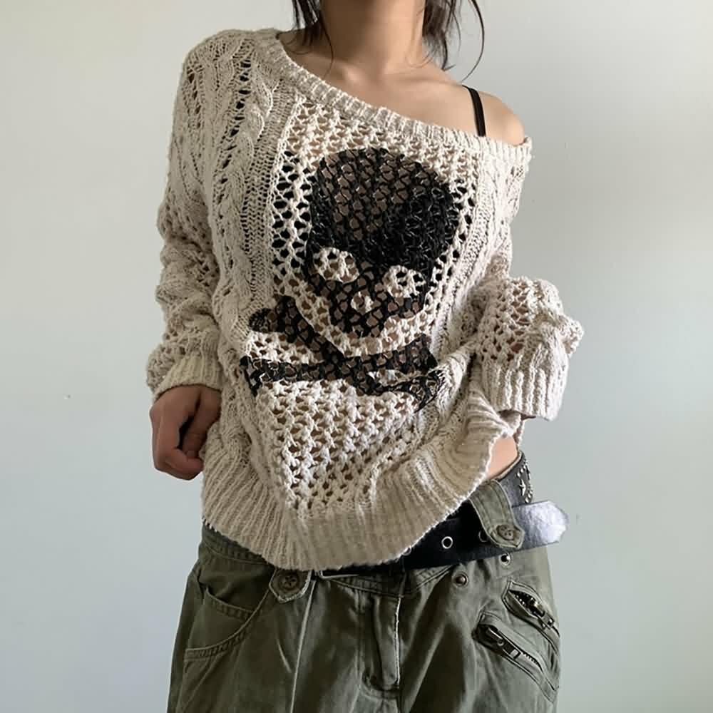Y2K Gothic Skull & Crossbones Knit Sweater - Retro 90s Grunge Fashion, Pastel Goth Style