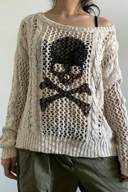Y2K Gothic Skull & Crossbones Knit Sweater - Retro 90s Grunge Fashion, Pastel Goth Style