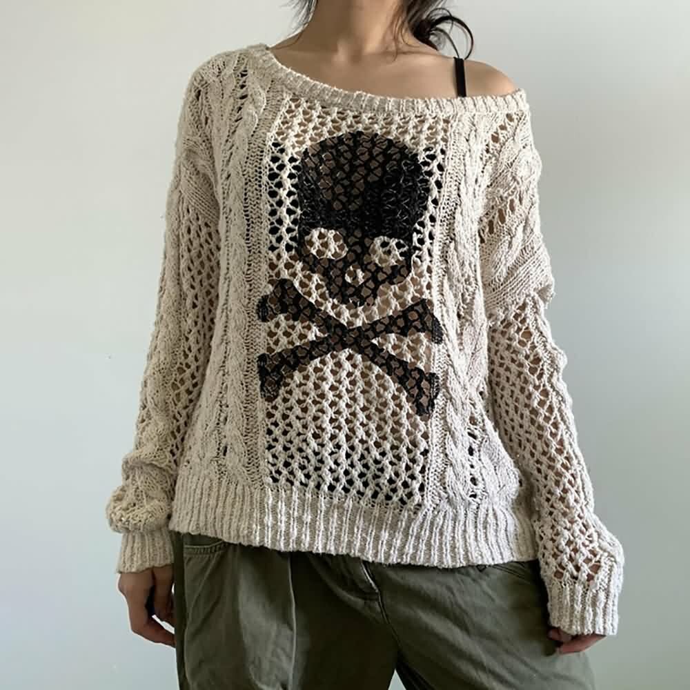 Y2K Gothic Skull & Crossbones Knit Sweater - Retro 90s Grunge Fashion, Pastel Goth Style