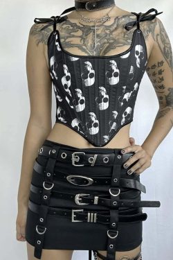 Y2K Gothic Skull Bustier Top - Retro 90s Grunge, Pastel Goth, Y2K Party & Club Outfits