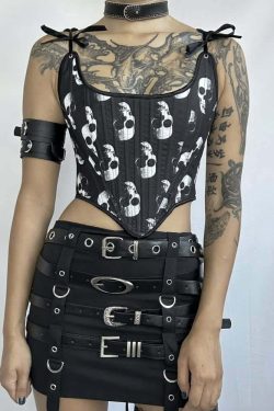 Y2K Gothic Skull Bustier Top - Retro 90s Grunge, Pastel Goth, Y2K Party & Club Outfits