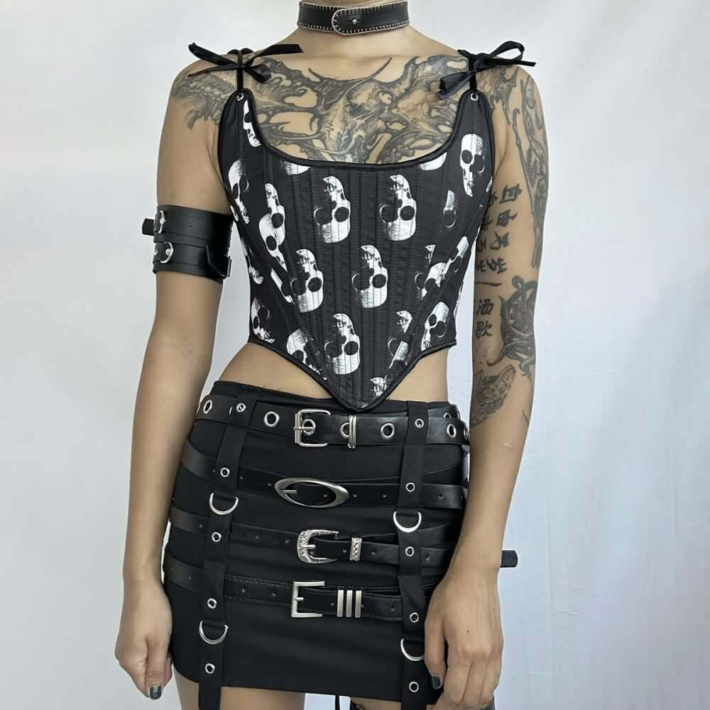 Y2K Gothic Skull Bustier Top - Retro 90s Grunge, Pastel Goth, Y2K Party & Club Outfits