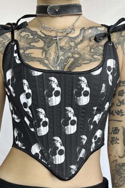 Y2K Gothic Skull Bustier Top - Retro 90s Grunge, Pastel Goth, Y2K Party & Club Outfits