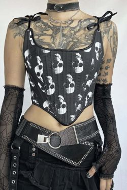 Y2K Gothic Skull Bustier Top - Retro 90s Grunge, Pastel Goth, Y2K Party & Club Outfits