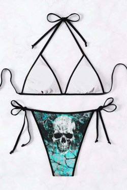 Y2K Gothic Skull Halter Bikini Set - Retro 90s Grunge Summer Beach Outfit