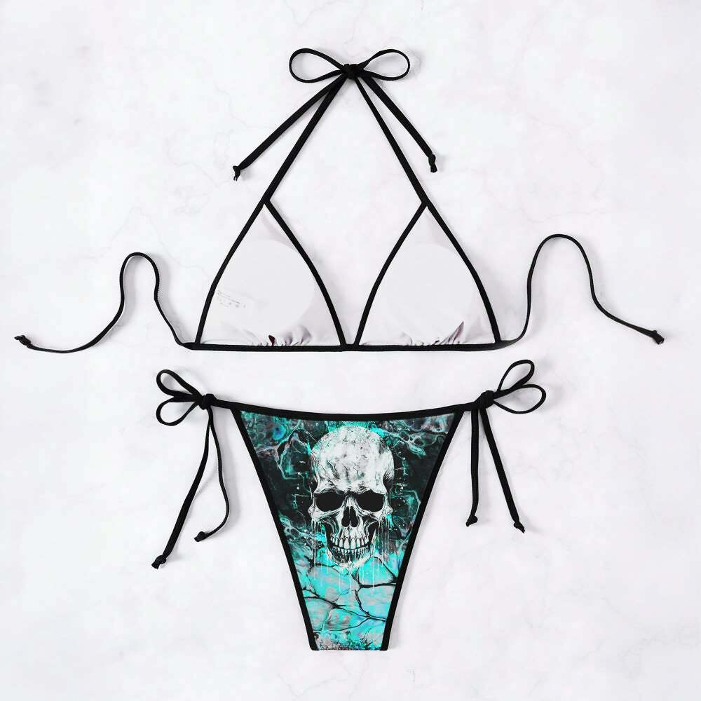Y2K Gothic Skull Halter Bikini Set - Retro 90s Grunge Summer Beach Outfit