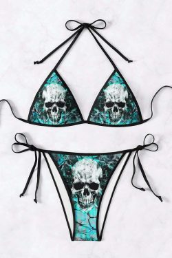 Y2K Gothic Skull Halter Bikini Set - Retro 90s Grunge Summer Beach Outfit