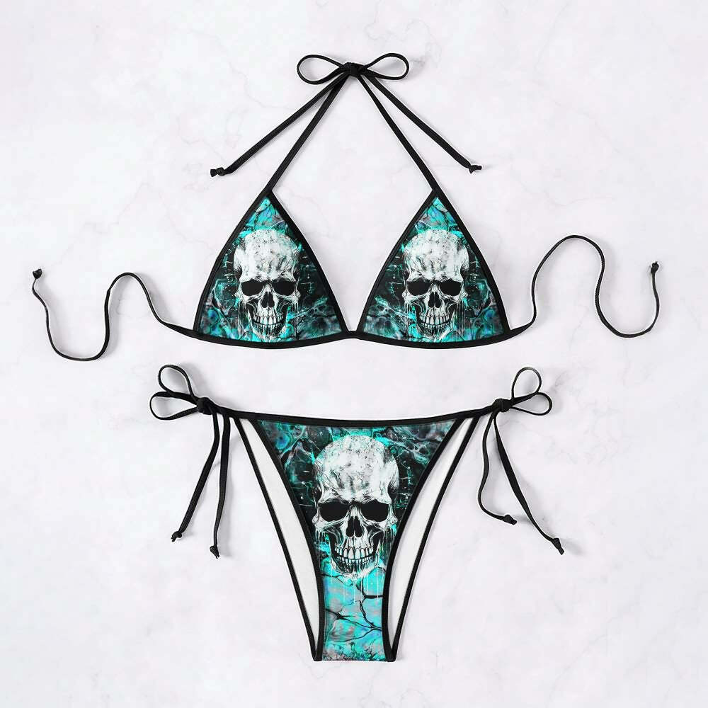 Y2K Gothic Skull Halter Bikini Set - Retro 90s Grunge Summer Beach Outfit