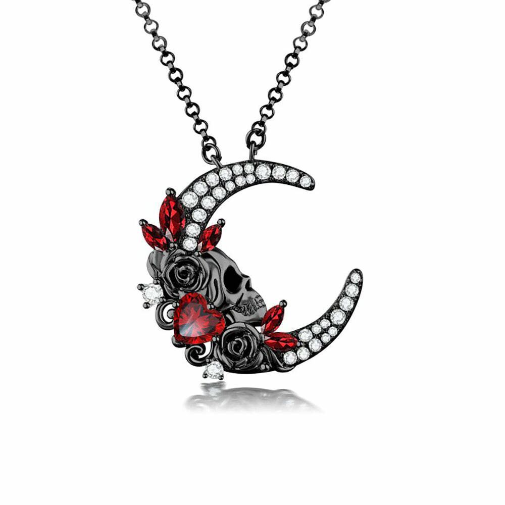 Y2K Gothic Skull Moon Necklace - Retro 90s Grunge, Pastel Goth, Y2K Party & Club Outfits