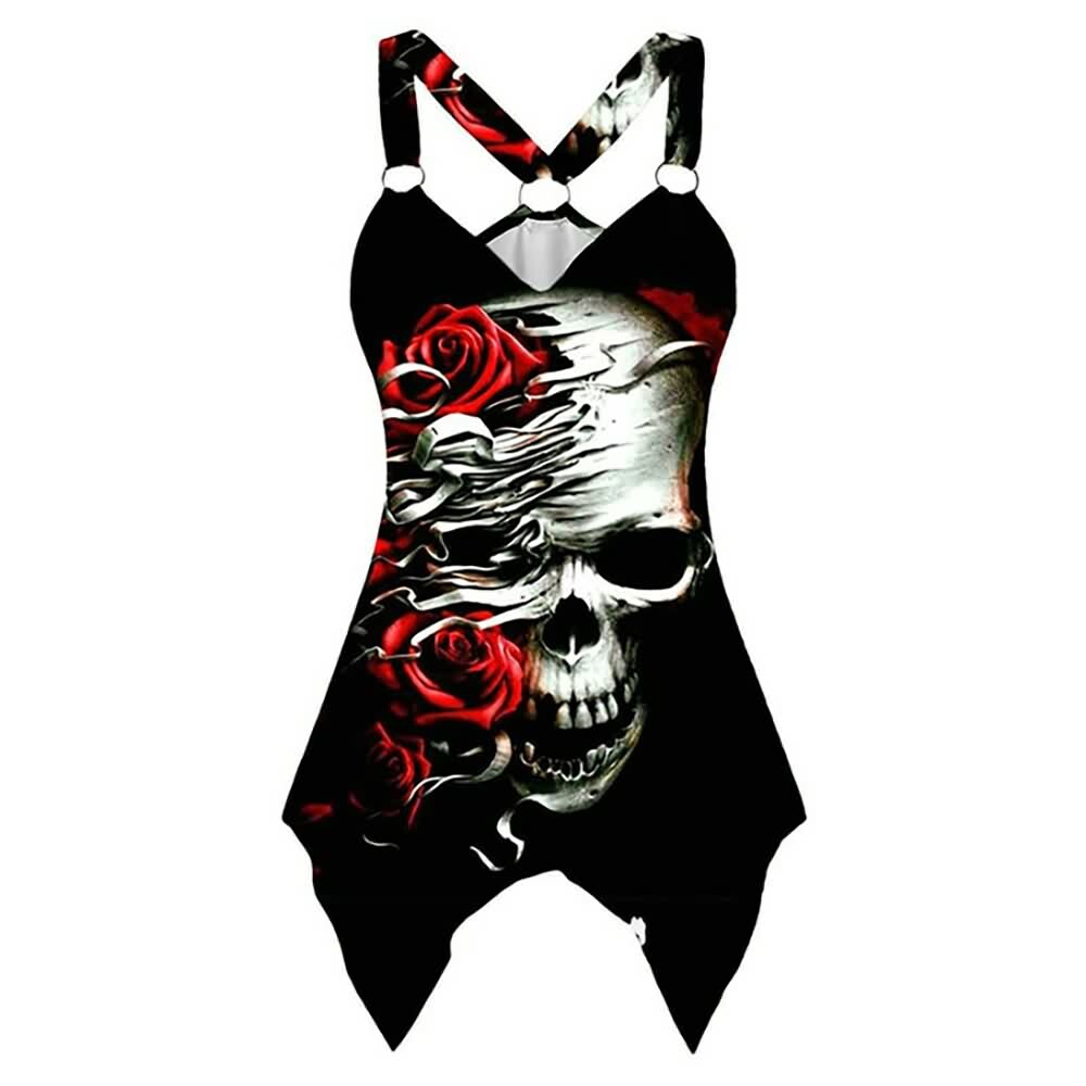 Y2K Gothic Skull Mummy Rose O-Ring Strap Tank Top - Retro 90s Grunge Summer Outfit