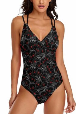 Y2K Gothic Skull Push Up One Piece Swimsuit - Red Eye Grunge Retro 90s Summer Beachwear