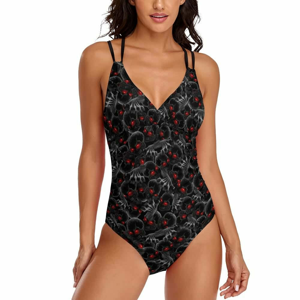 Y2K Gothic Skull Push Up One Piece Swimsuit - Red Eye Grunge Retro 90s Summer Beachwear