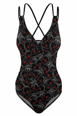 Y2K Gothic Skull Push Up One Piece Swimsuit - Red Eye Grunge Retro 90s Summer Beachwear