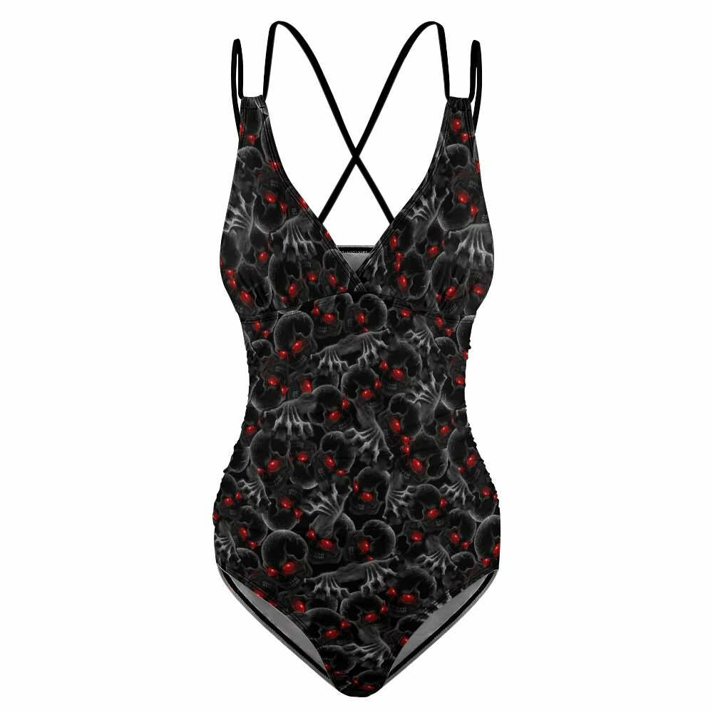 Y2K Gothic Skull Push Up One Piece Swimsuit - Red Eye Grunge Retro 90s Summer Beachwear