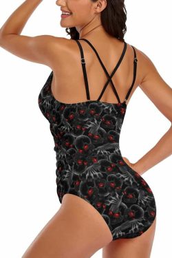Y2K Gothic Skull Push Up One Piece Swimsuit - Red Eye Grunge Retro 90s Summer Beachwear