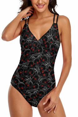 Y2K Gothic Skull Push Up One Piece Swimsuit - Red Eye Grunge Retro 90s Summer Beachwear
