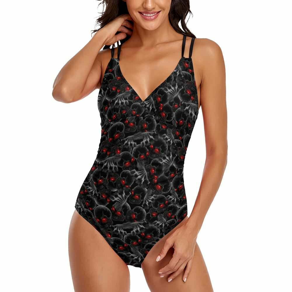 Y2K Gothic Skull Push Up One Piece Swimsuit - Red Eye Grunge Retro 90s Summer Beachwear