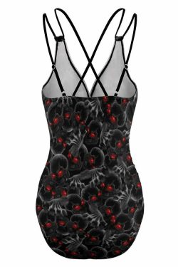 Y2K Gothic Skull Push Up One Piece Swimsuit - Red Eye Grunge Retro 90s Summer Beachwear
