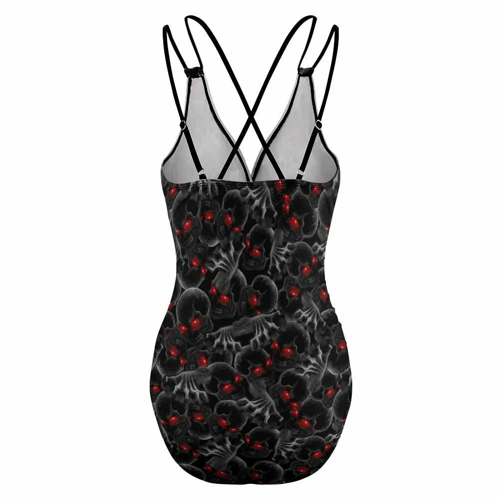 Y2K Gothic Skull Push Up One Piece Swimsuit - Red Eye Grunge Retro 90s Summer Beachwear
