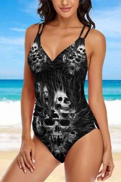 Y2K Gothic Skull Push Up One Piece Swimsuit - Retro 90s Grunge Summer Beachwear