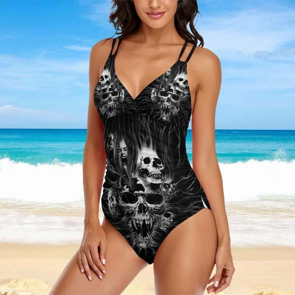 Y2K Gothic Skull Push Up One Piece Swimsuit - Retro 90s Grunge Summer Beachwear