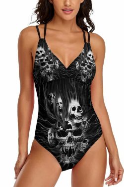 Y2K Gothic Skull Push Up One Piece Swimsuit - Retro 90s Grunge Summer Beachwear