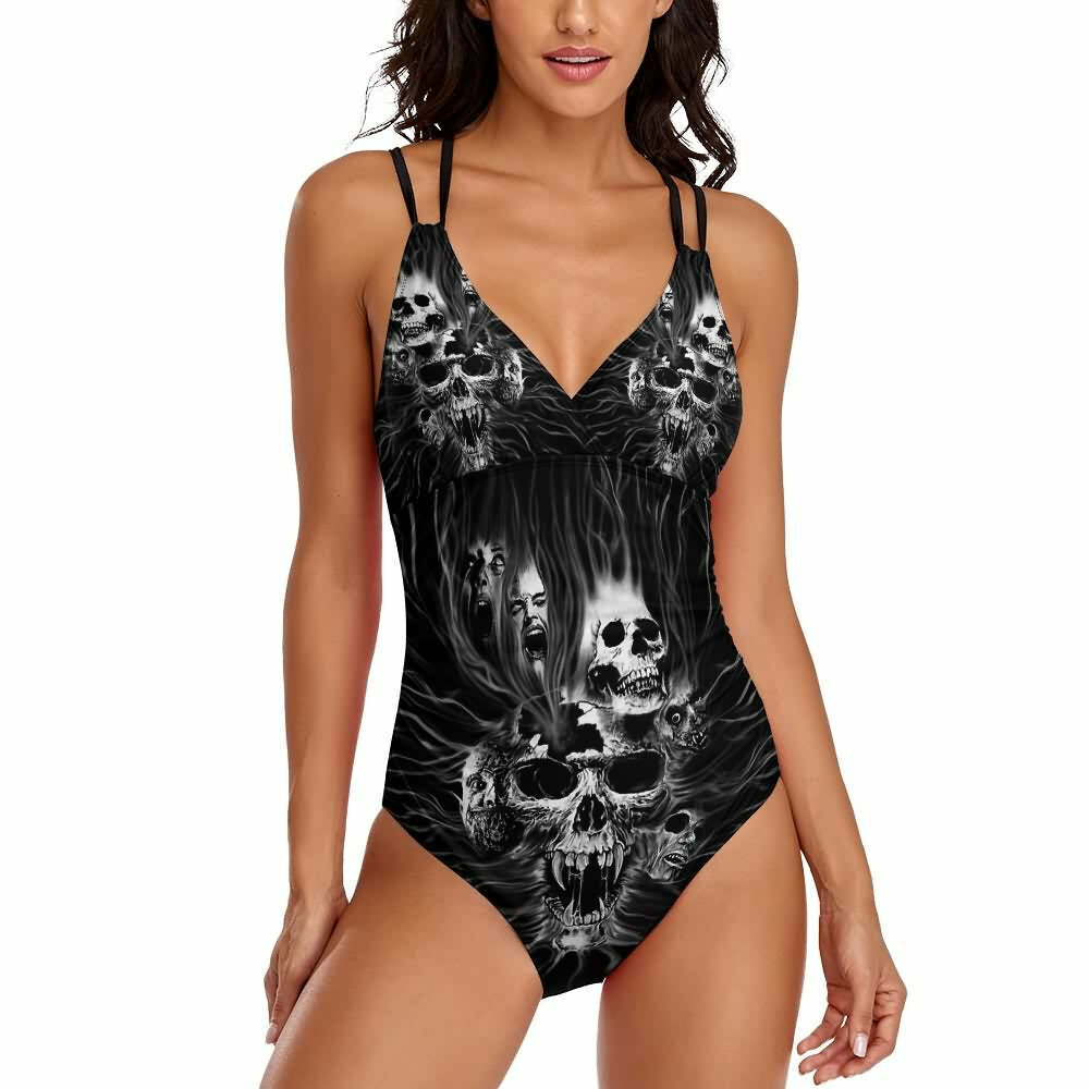 Y2K Gothic Skull Push Up One Piece Swimsuit - Retro 90s Grunge Summer Beachwear