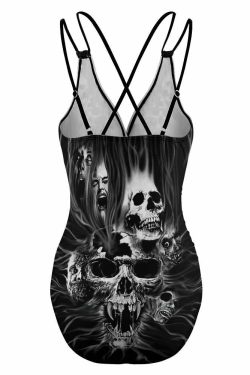 Y2K Gothic Skull Push Up One Piece Swimsuit - Retro 90s Grunge Summer Beachwear