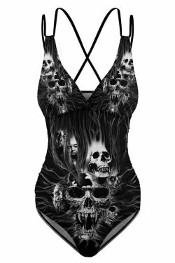 Y2K Gothic Skull Push Up One Piece Swimsuit - Retro 90s Grunge Summer Beachwear