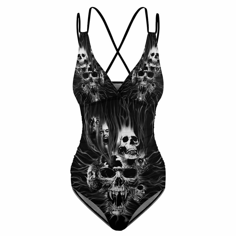 Y2K Gothic Skull Push Up One Piece Swimsuit - Retro 90s Grunge Summer Beachwear
