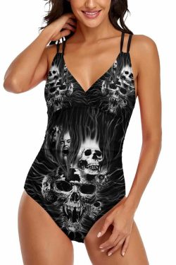 Y2K Gothic Skull Push Up One Piece Swimsuit - Retro 90s Grunge Summer Beachwear