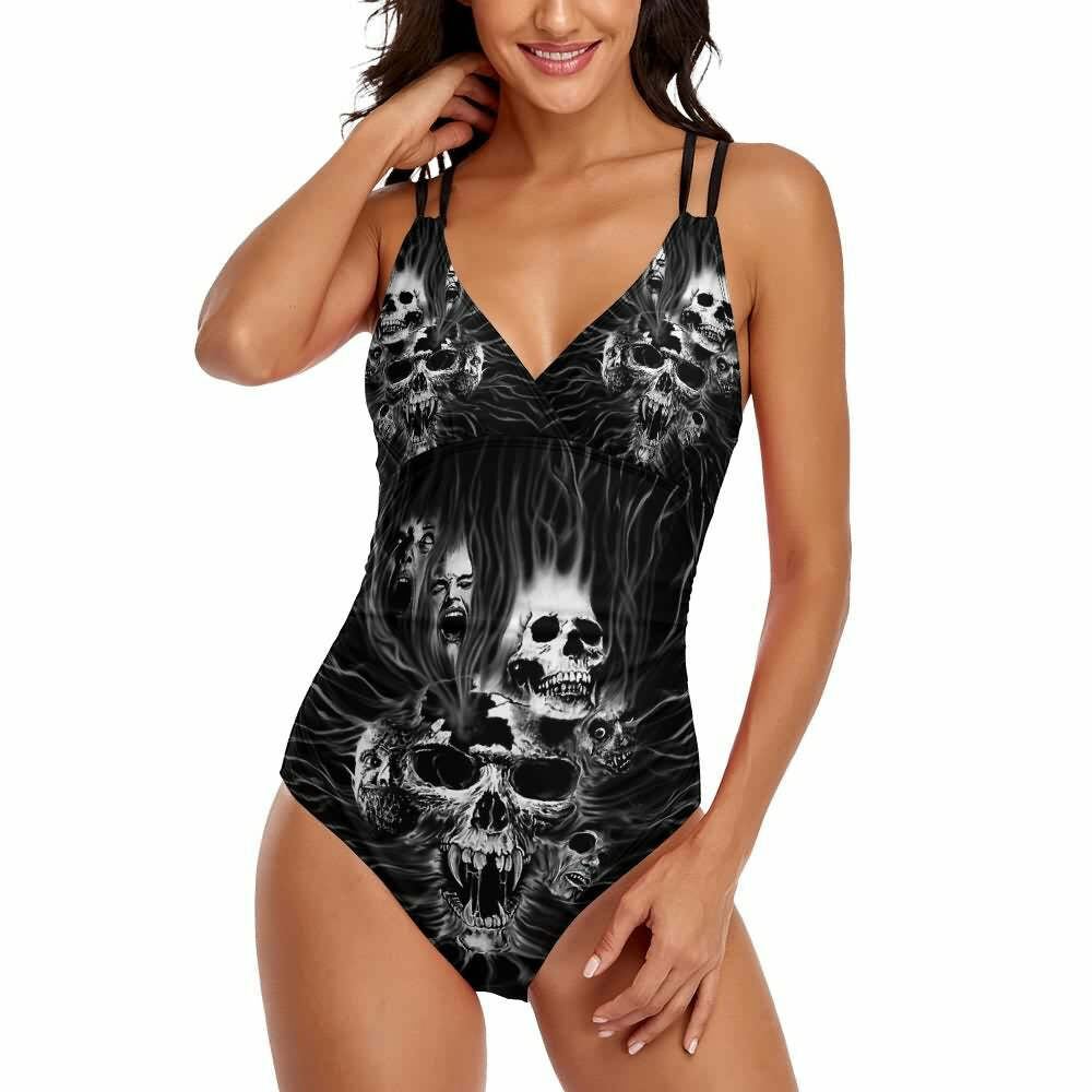 Y2K Gothic Skull Push Up One Piece Swimsuit - Retro 90s Grunge Summer Beachwear