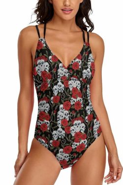Y2K Gothic Skull Rose Push Up One Piece Swimsuit - Retro 90s Grunge Summer Beachwear