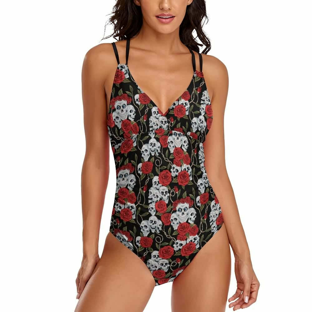 Y2K Gothic Skull Rose Push Up One Piece Swimsuit - Retro 90s Grunge Summer Beachwear