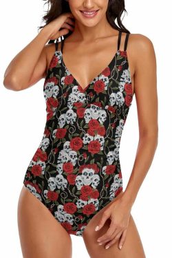 Y2K Gothic Skull Rose Push Up One Piece Swimsuit - Retro 90s Grunge Summer Beachwear